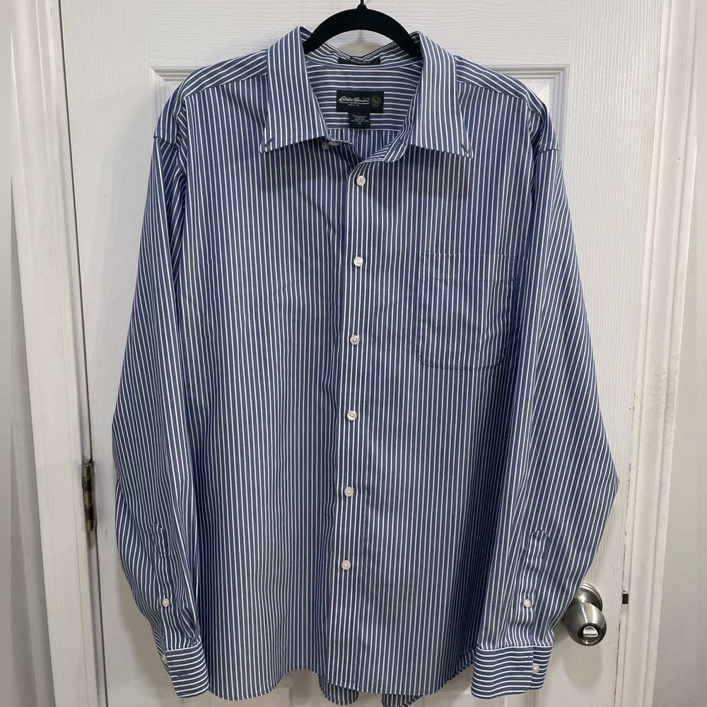 Eddie Bauer Blue and White Striped Casual Button Down Shirt 100% Cotton Size XL